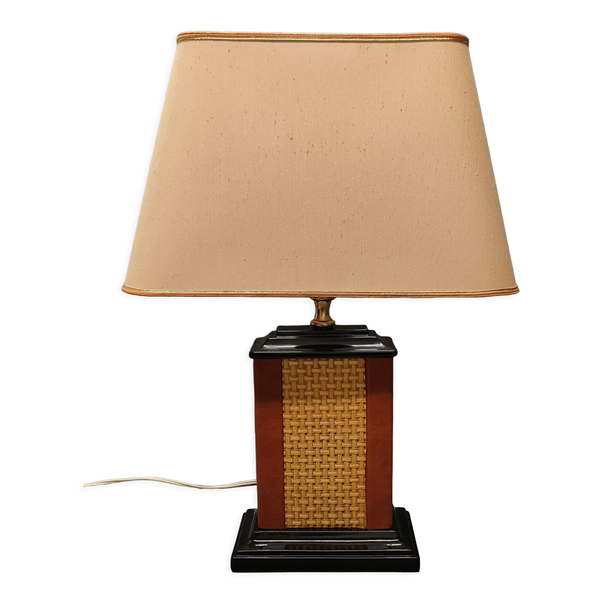 Lamp Le Dauphin black ceramic glazed, wicker canelé, imitation leather havana ~ 70's