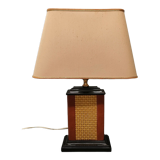 Lamp Le Dauphin black ceramic glazed, wicker canelé, imitation leather havana ~ 70's