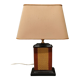 Lamp Le Dauphin black ceramic glazed, wicker canelé, imitation leather havana ~ 70's