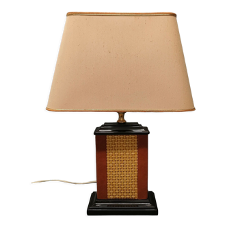 Lamp Le Dauphin black ceramic glazed, wicker canelé, imitation leather havana ~ 70's
