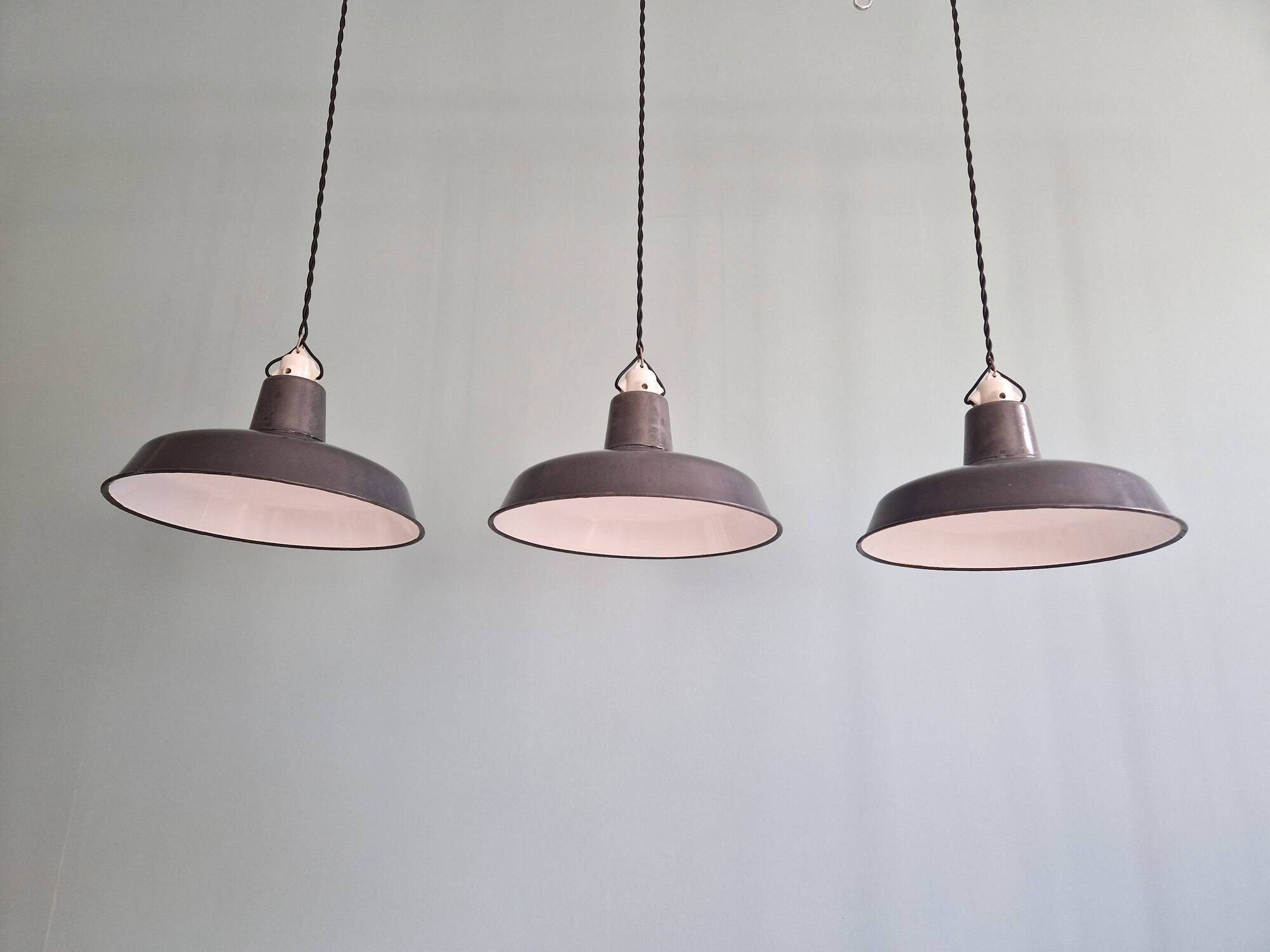 Set of 3 industrial pendant lights in anthracite enameled sheet metal