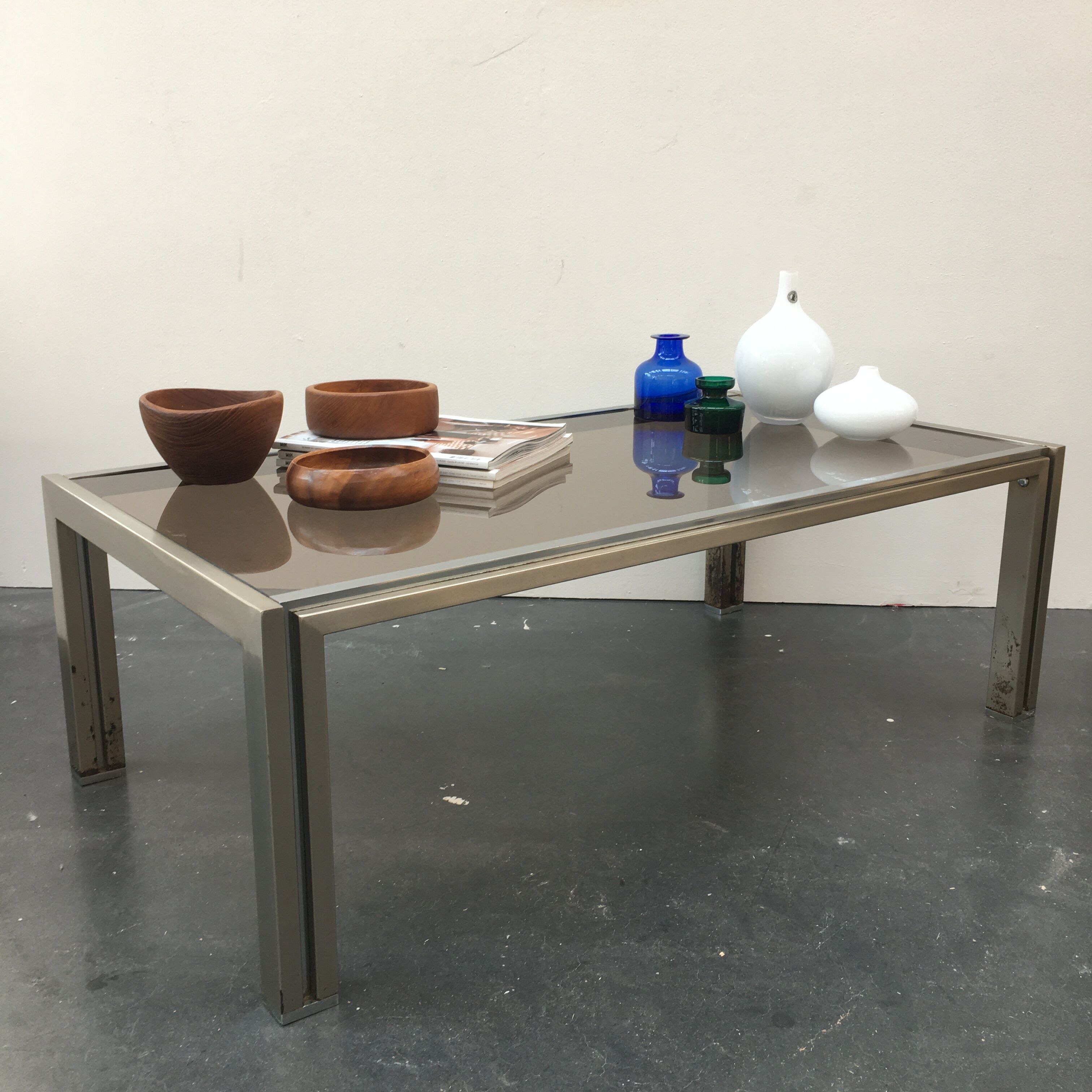 70s coffee table in chrome and smoked glass