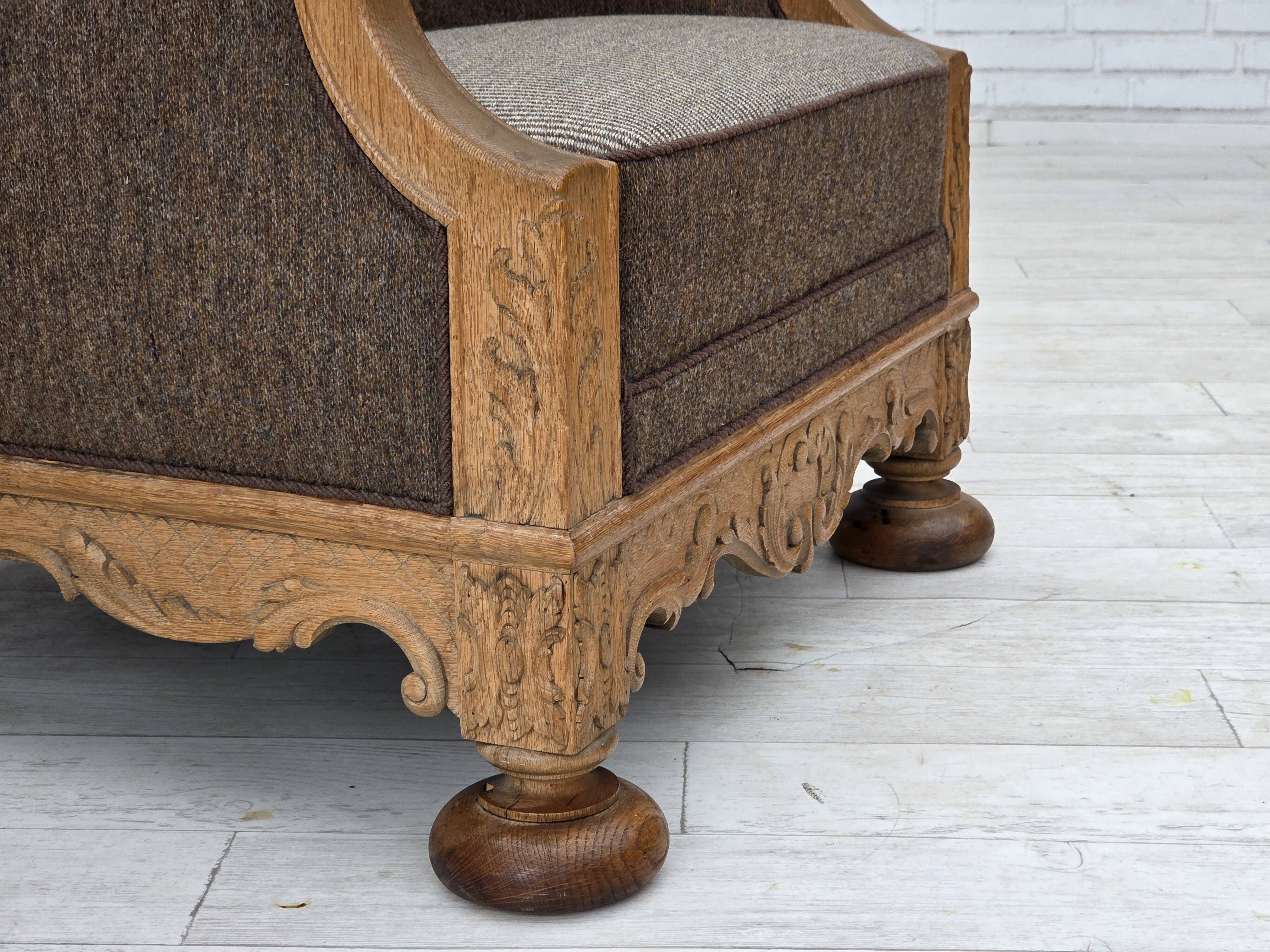 1950s, Danish armchair, furniture wool, solid carved oak wood.