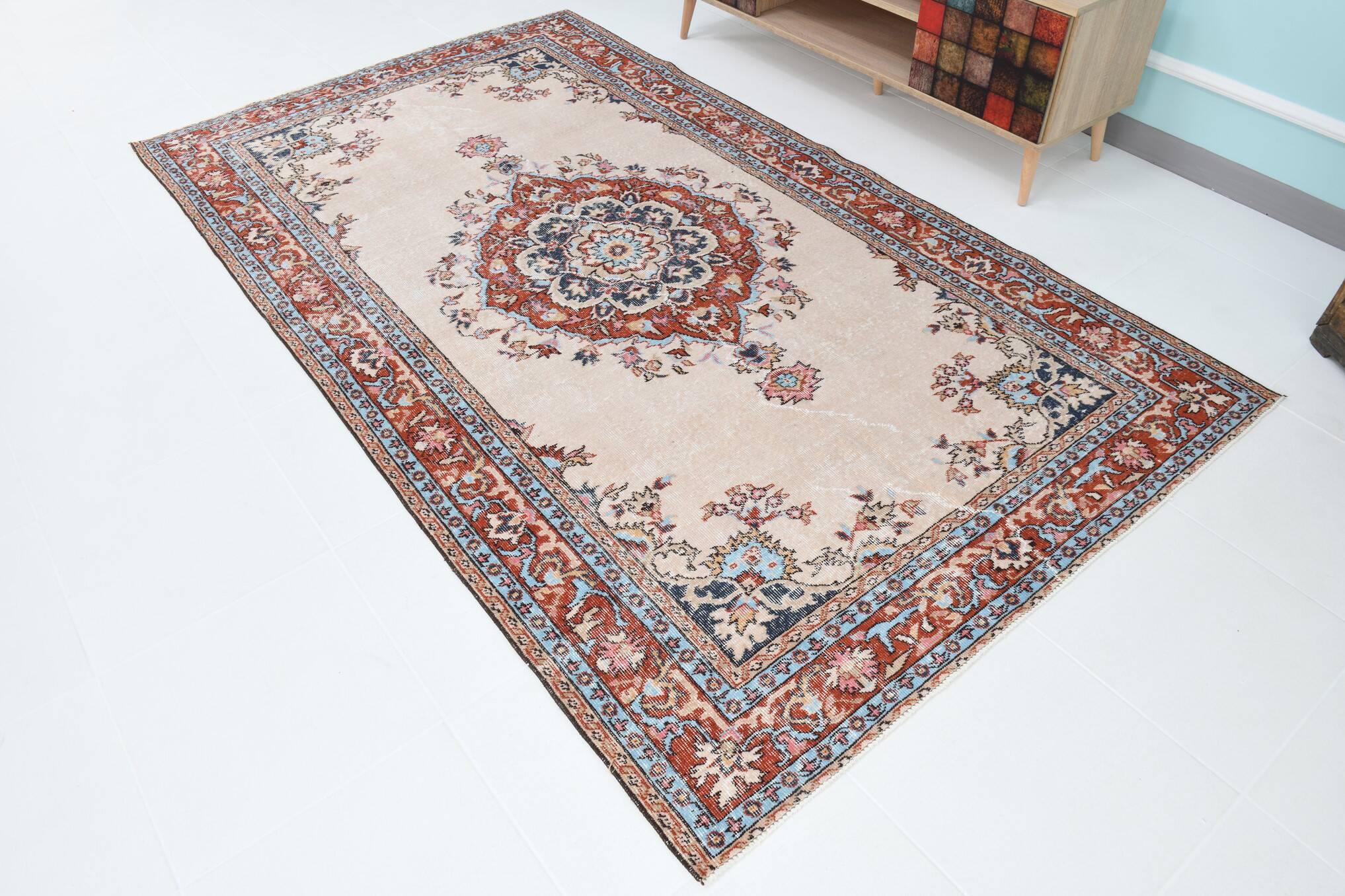 Medallion vintage carpet, one of a kind vintage rug, brown red turkish rug