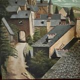 Huile sur panneau représentant un village en 1961