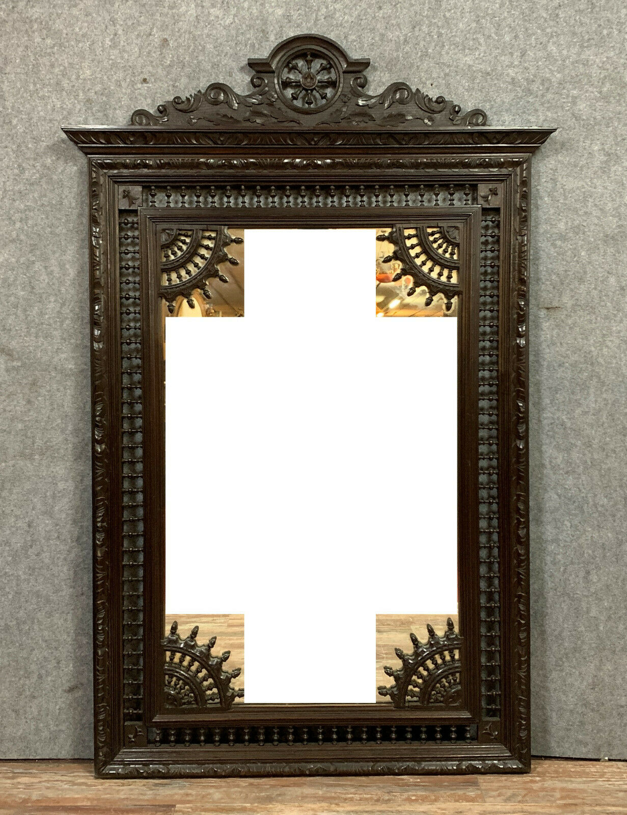 Breton Renaissance style mirror in solid oak with brown patina circa 1850
