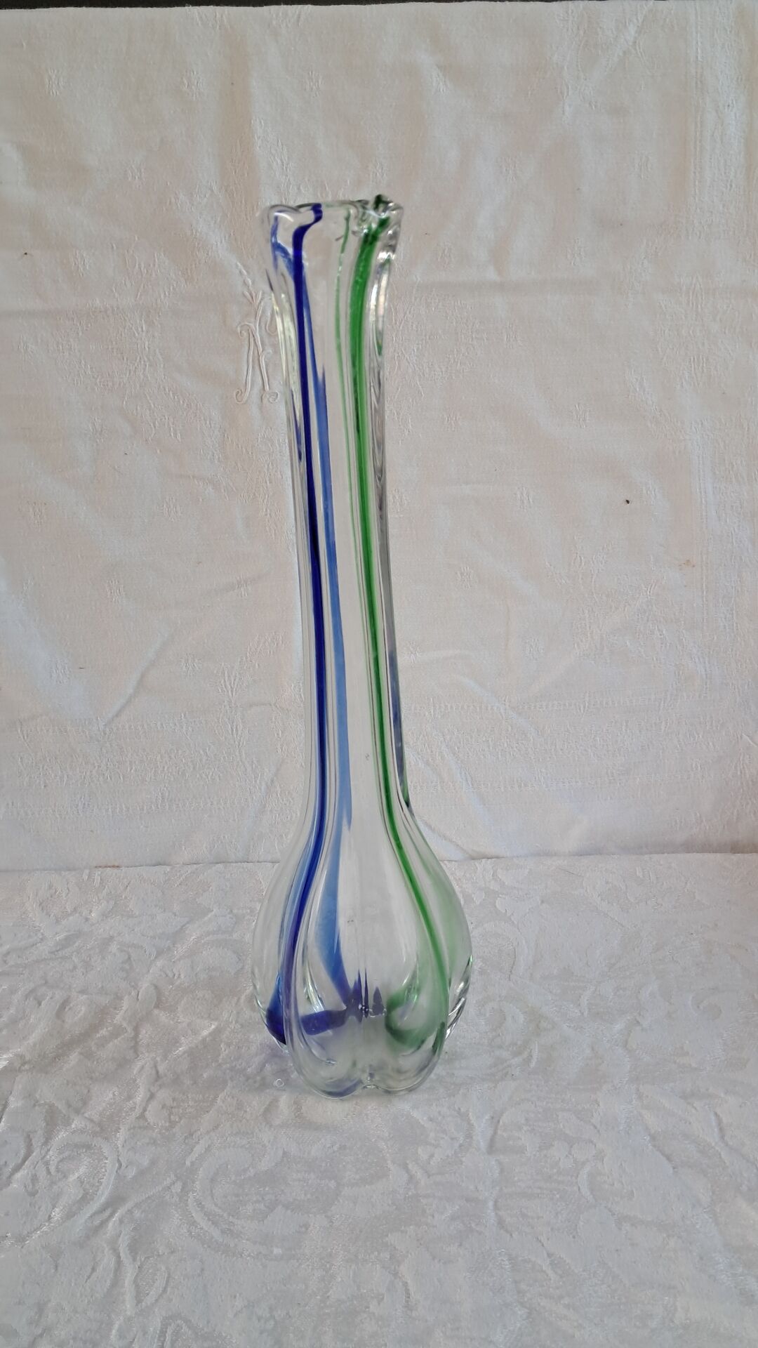 Vintage Murano glass filigree soliflore vase in blue and green.