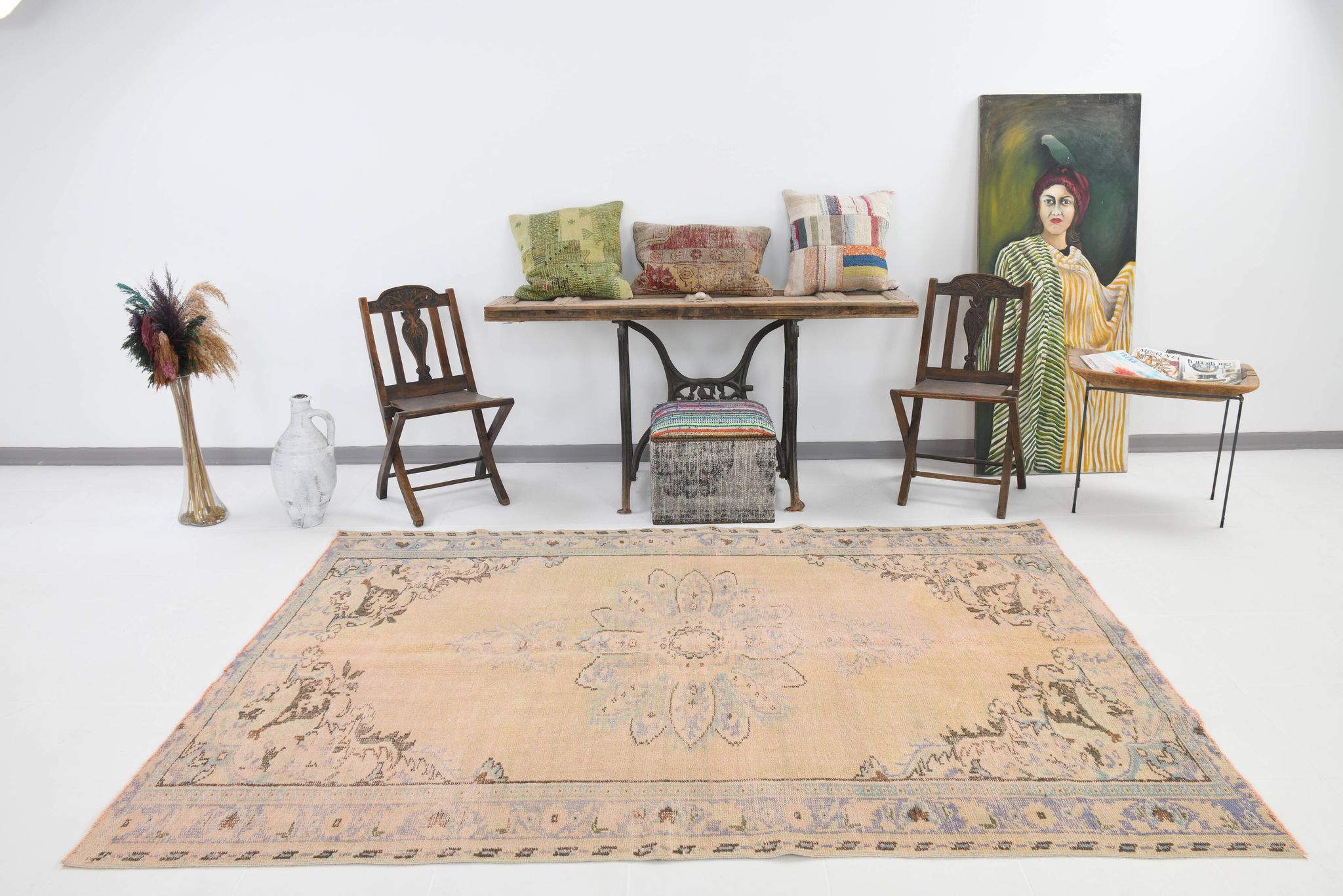 Tapis vintage beige, tapis turc vintage délavé par le soleil, tapis beige