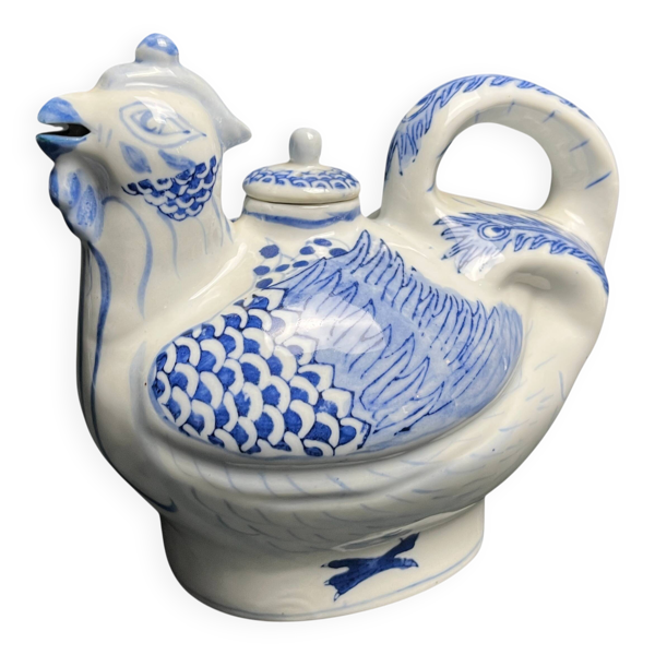 Chine, théière poule porcelaine blanc bleu XXème