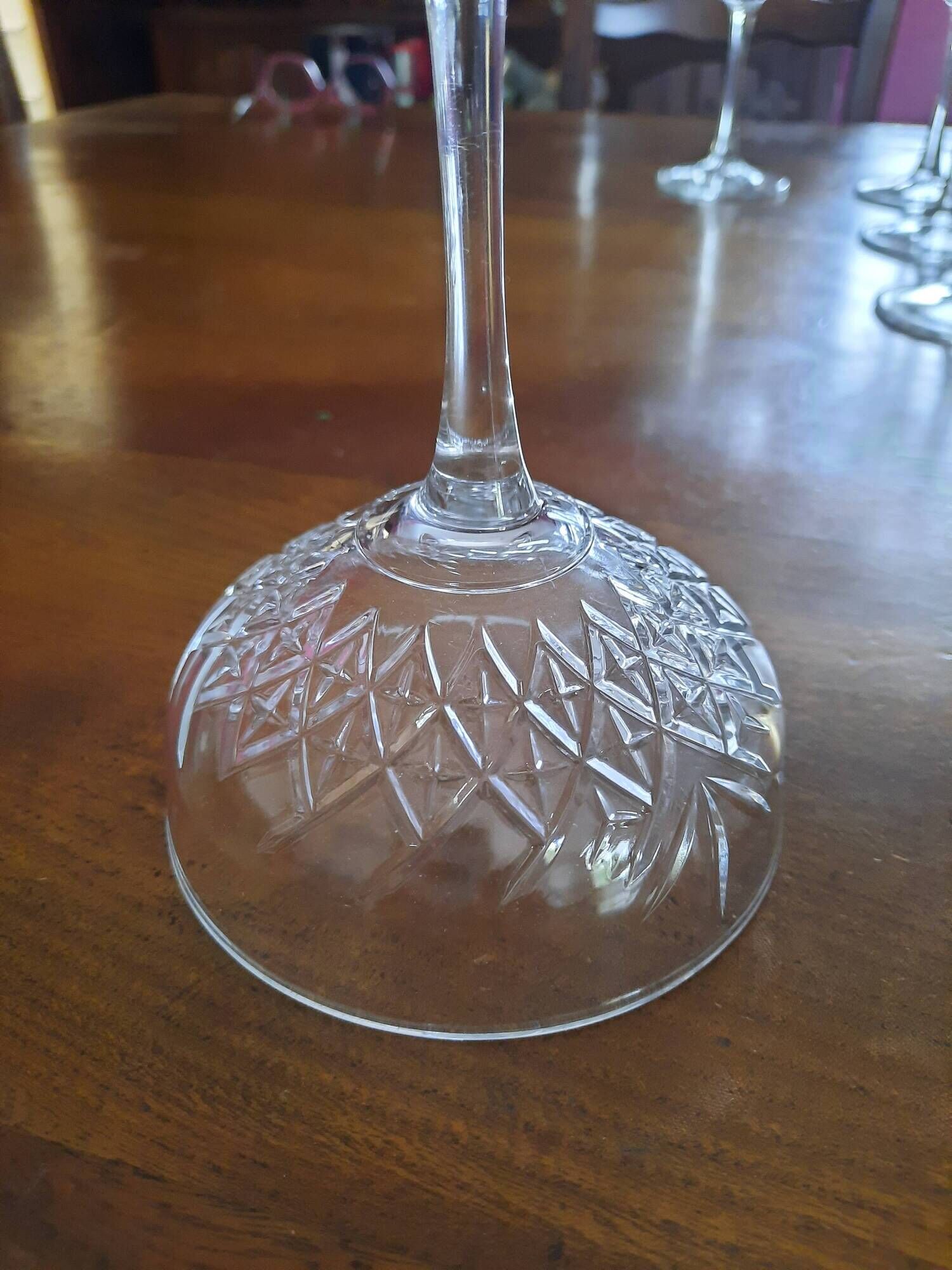Set of 12 cut glass champagne glasses monogrammed EB.