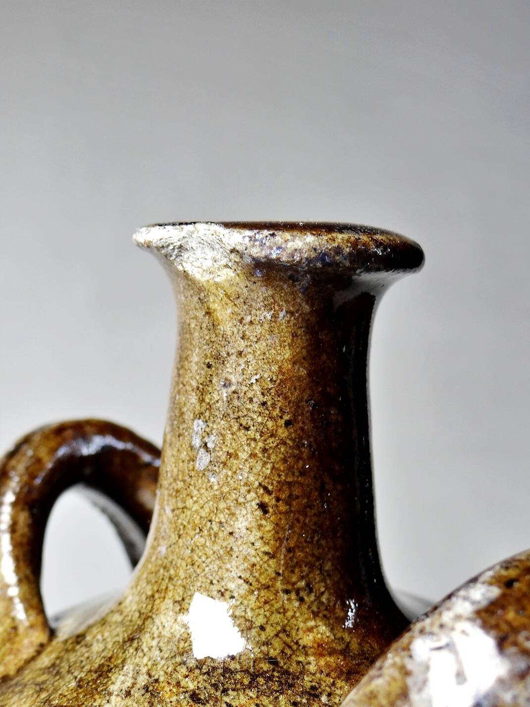 Old stoneware oil jar, glazed and enamelled, 2 handles