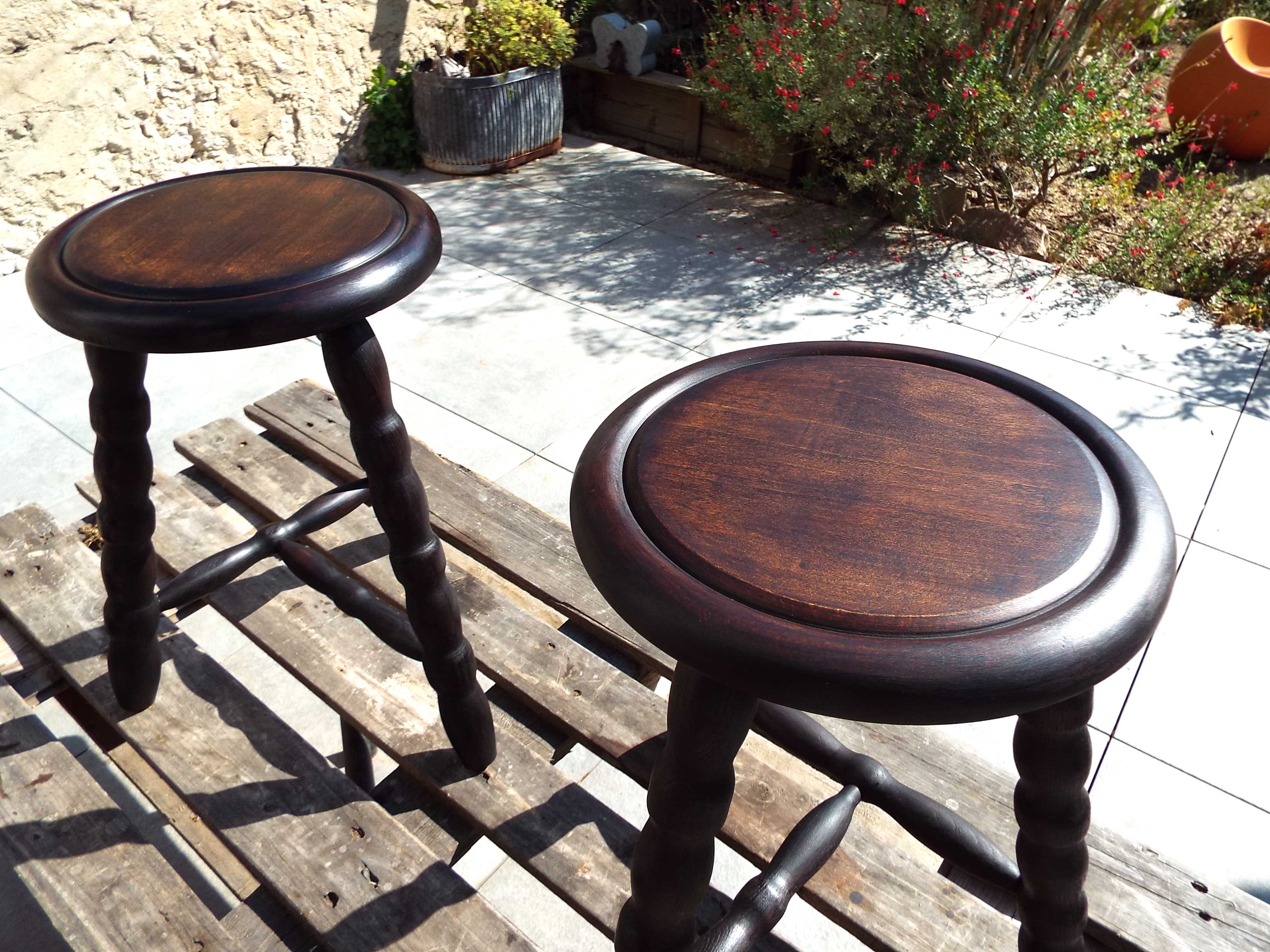 Pair of turned wooden tripod stools