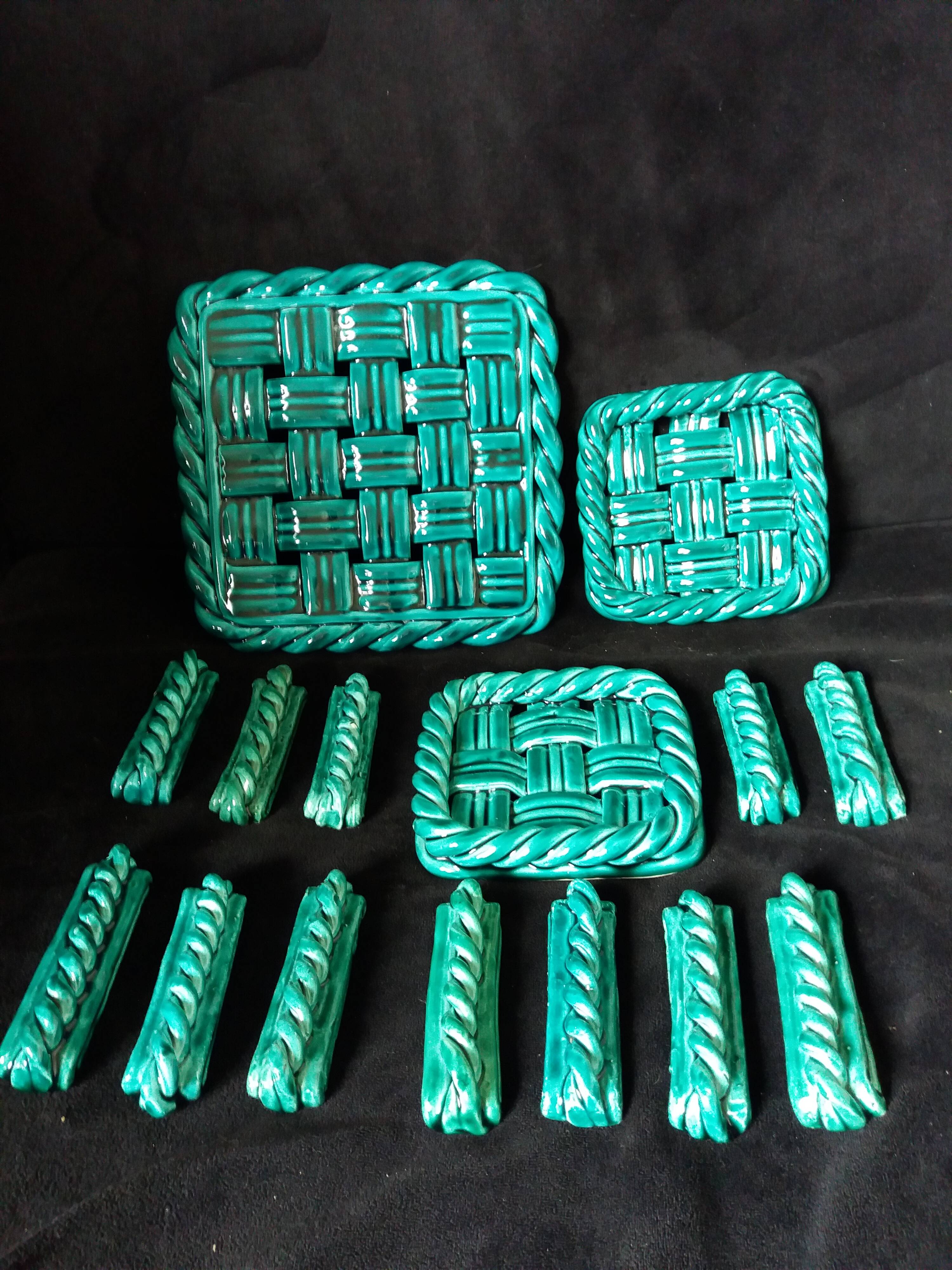 Emerald green braided slip trivet and bottle holder, knife holder