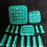 Emerald green braided slip trivet and bottle holder, knife holder