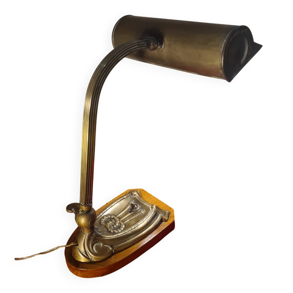 lampe de notaire art deco, bureau, 1920 a 40 laiton et socle bois vernis h