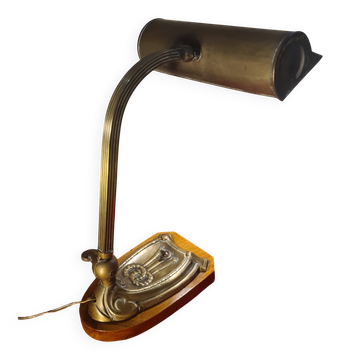 lampe de notaire  art deco, bureau, 1920 a 40 laiton et socle bois vernis h