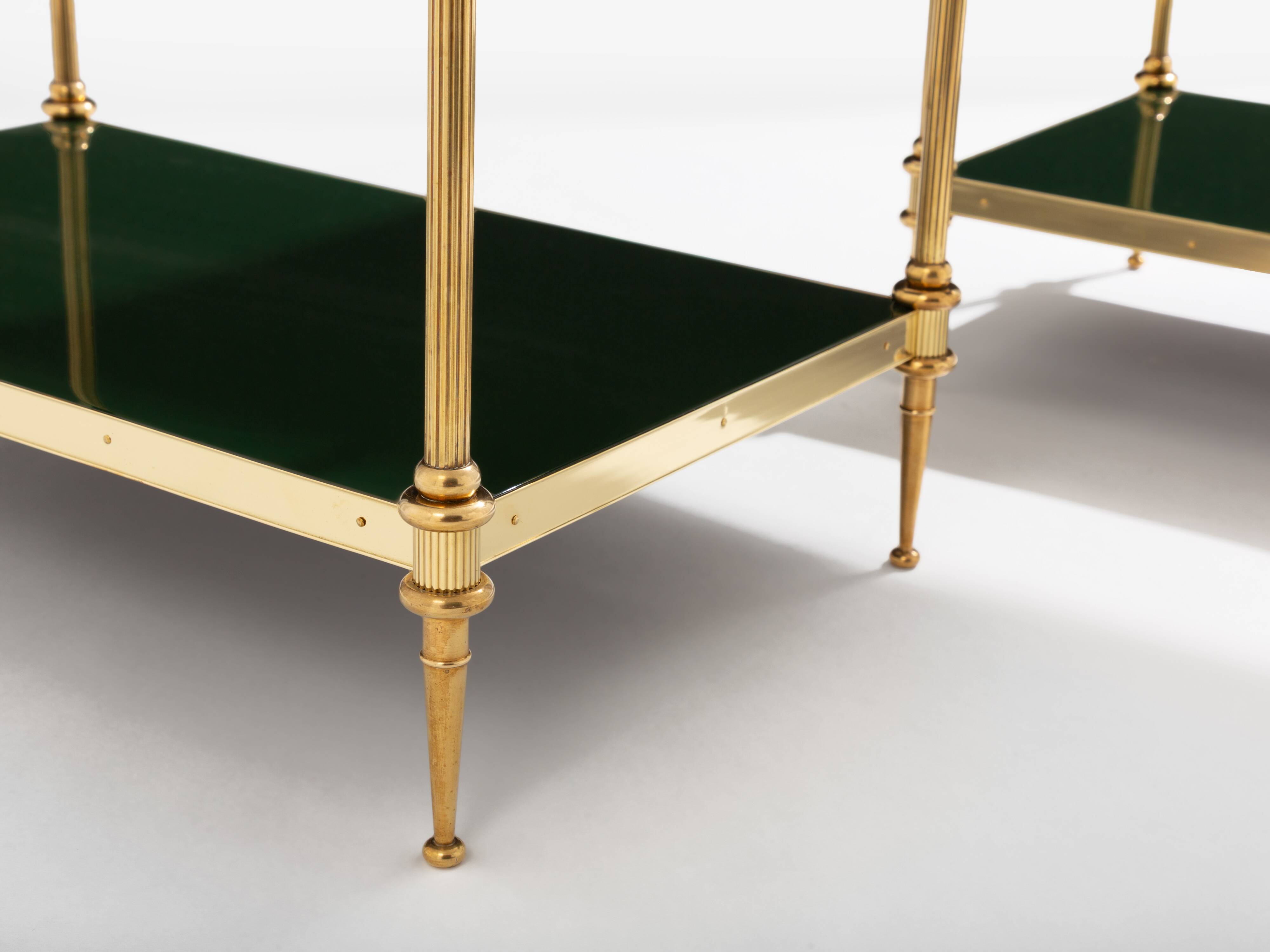 Pair of neoclassical lacquered brass side tables by Maison Jansen, 1970