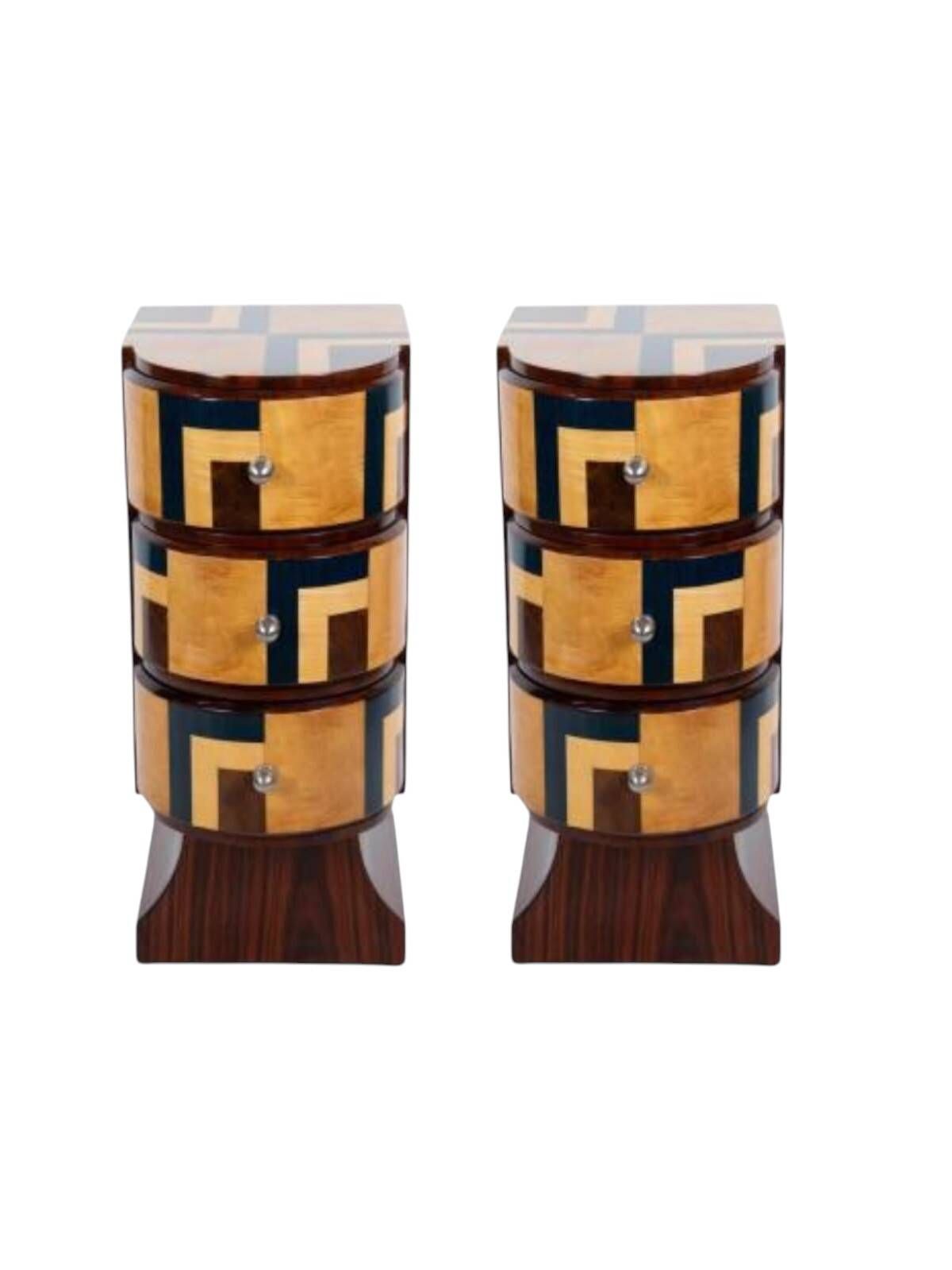 A pair of Art Deco bedside tables made of beech wood, rosewood & burl.