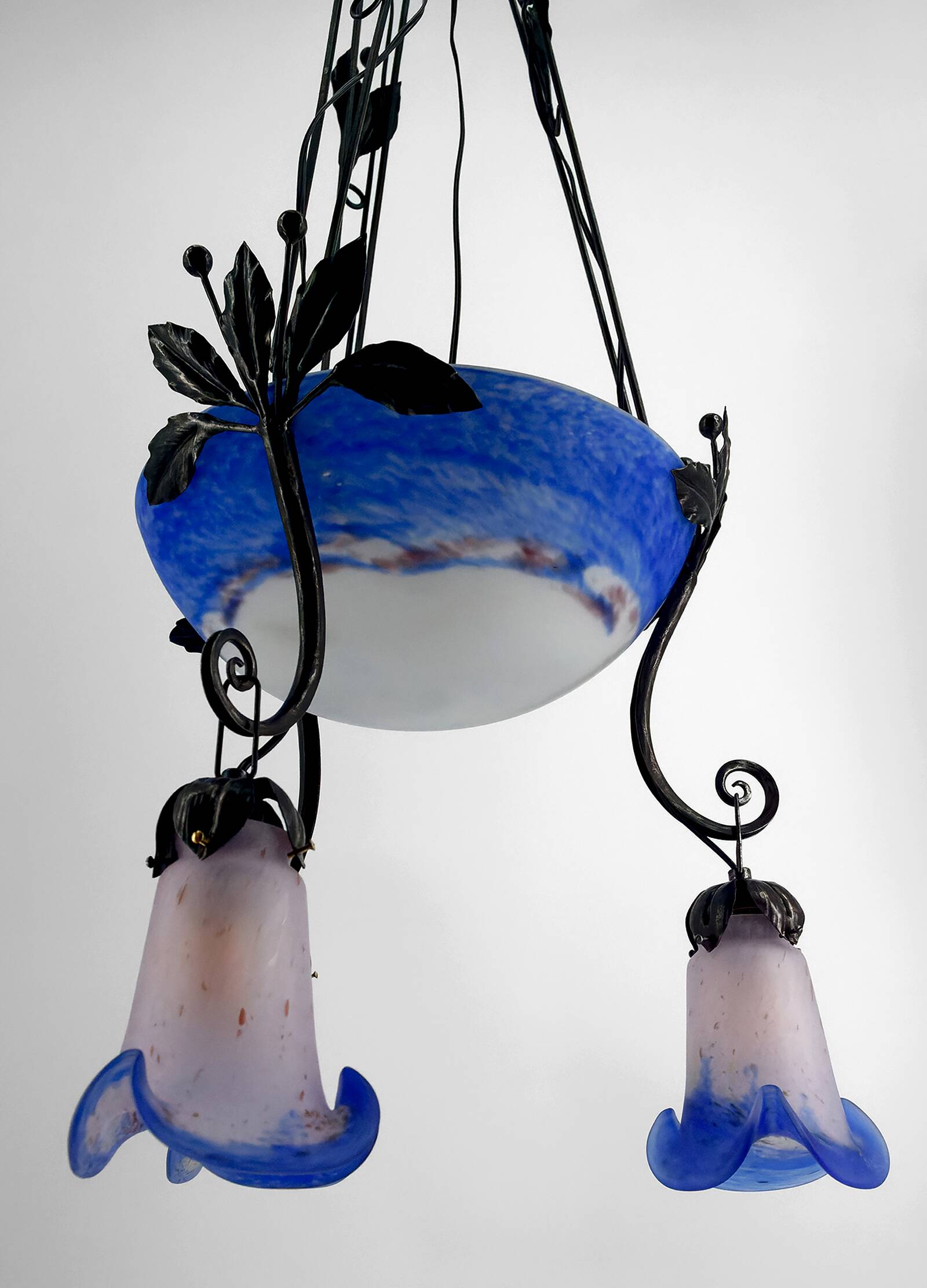 Wrought Iron and Blue Glass Paste Chandelier, Art Deco, France