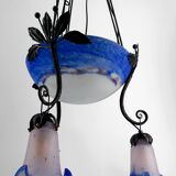 Wrought Iron and Blue Glass Paste Chandelier, Art Deco, France