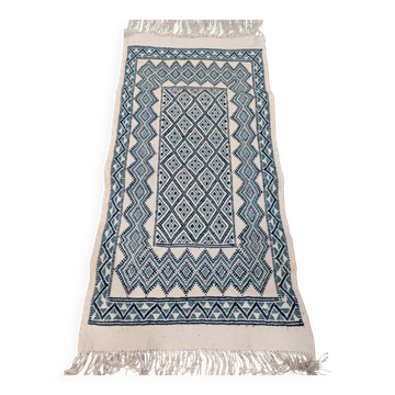 Tapis blanc et bleu tissé mains en laine naturelle