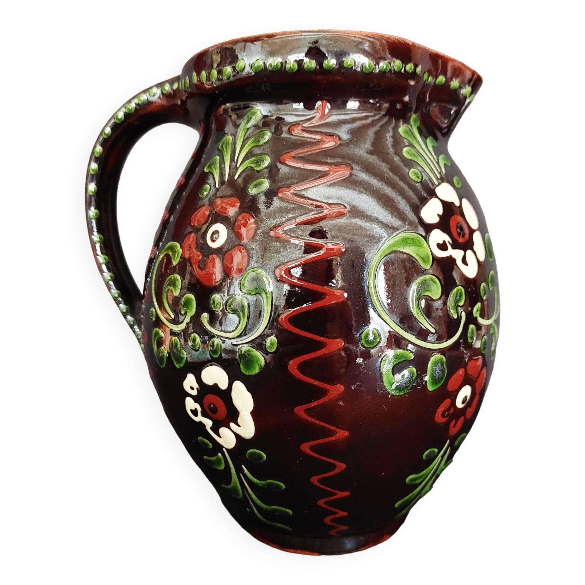 20th century Alsace glazed terracotta pitcher