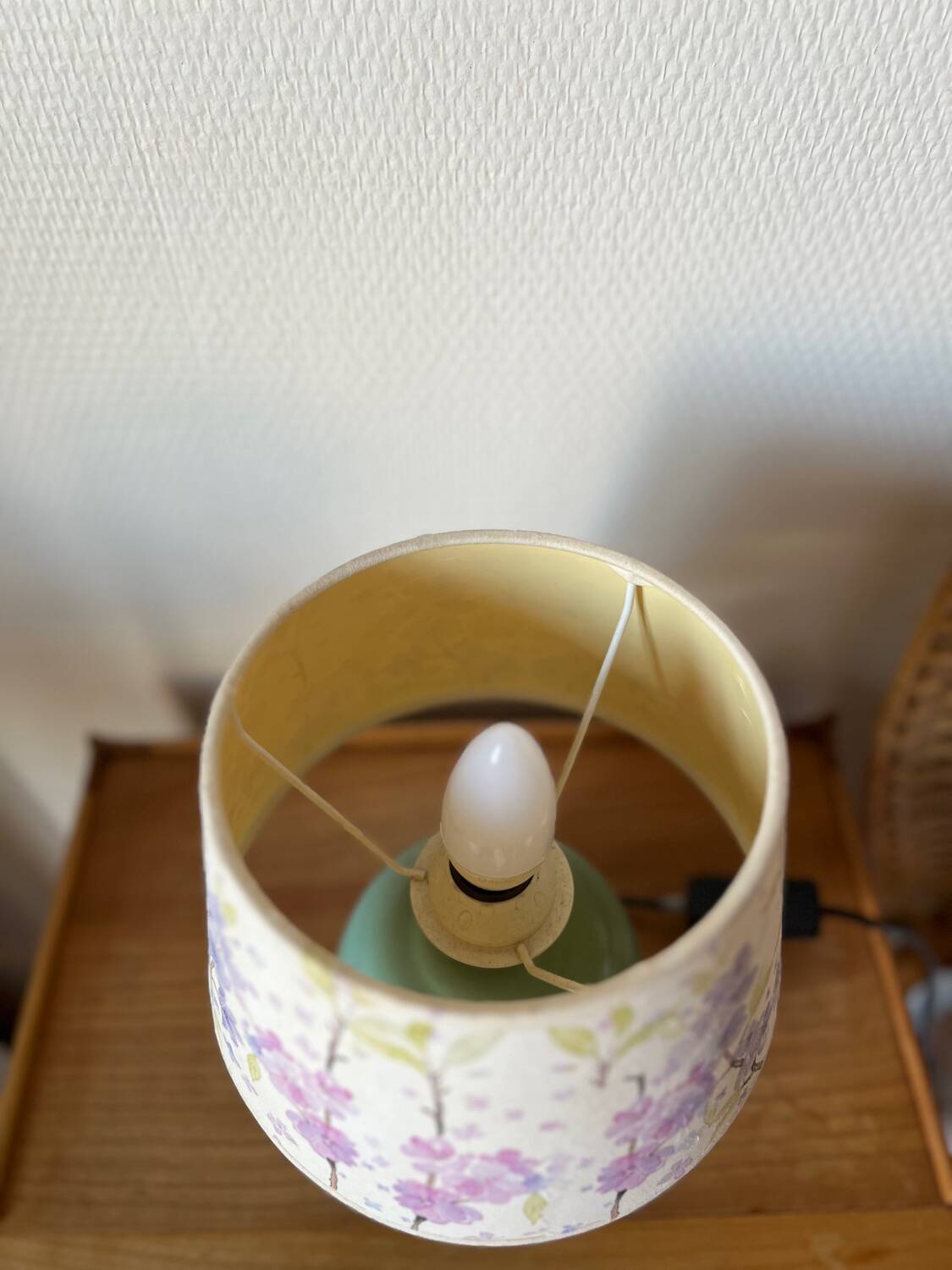 Vintage teal table lamp with floral lampshade