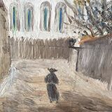 Oil on panel representing Montmartre and the Sacré Coeur, painting of a vintage view of Paris