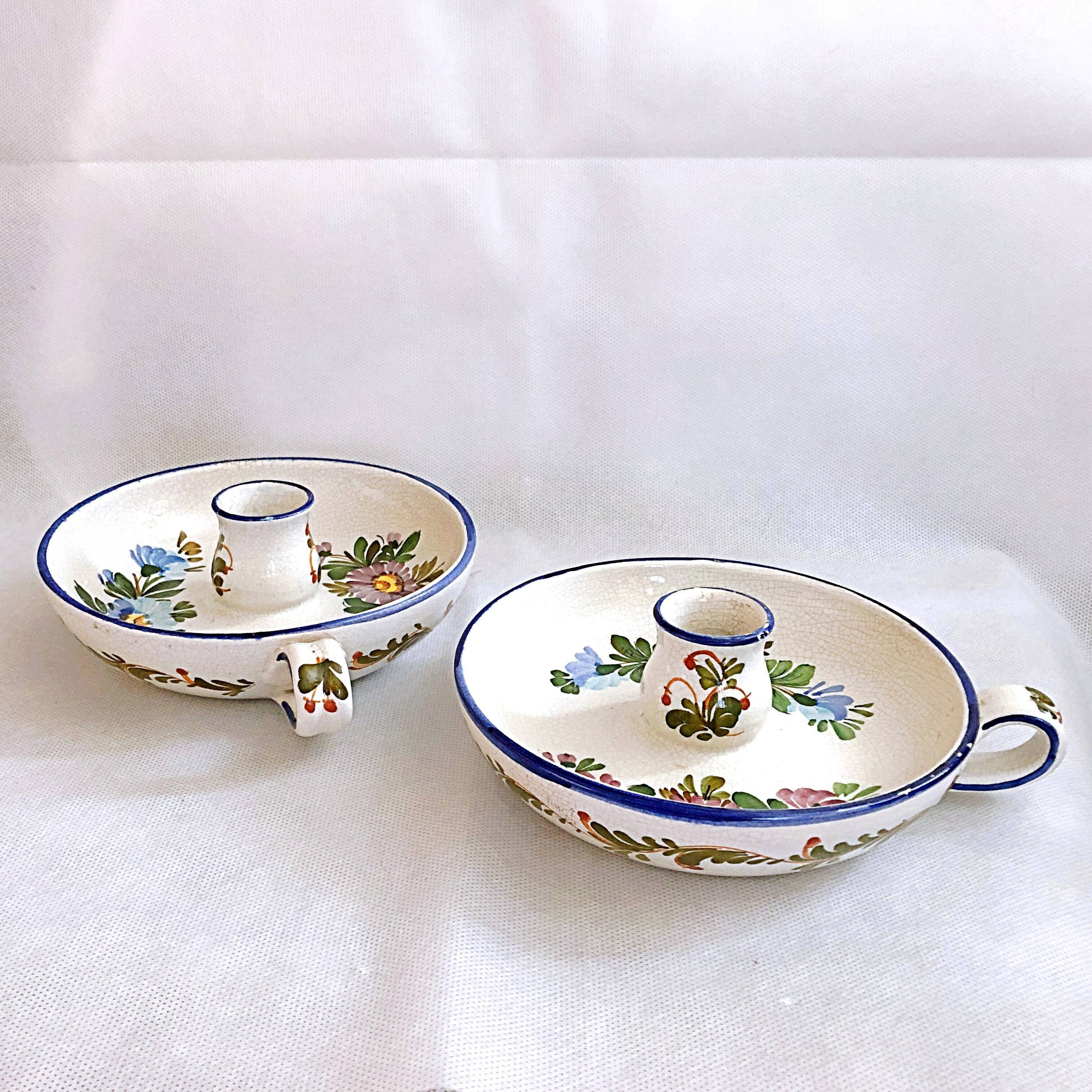 Pair of handmade cracked earthenware hand candlesticks signed Bassano Italy