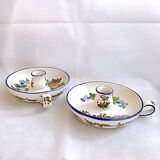 Pair of handmade cracked earthenware hand candlesticks signed Bassano Italy