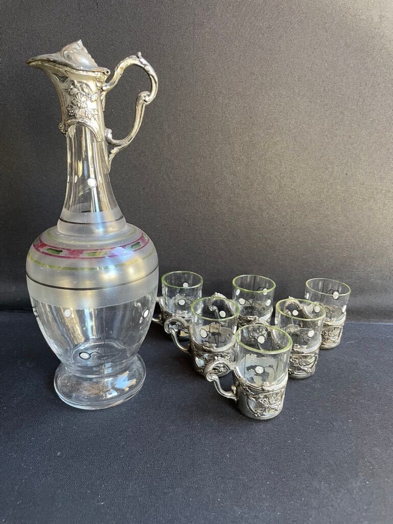 Liquor service Art Nouveau 1/2 Enamelled colored crystal with silver metal frame
