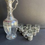 Liquor service Art Nouveau 1/2 Enamelled colored crystal with silver metal frame