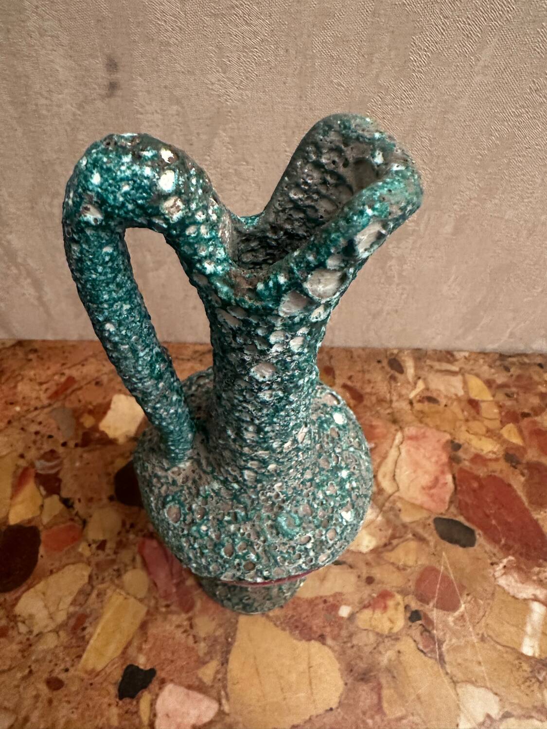 Pitcher/ Ceramic vase sea foam green and red glazed