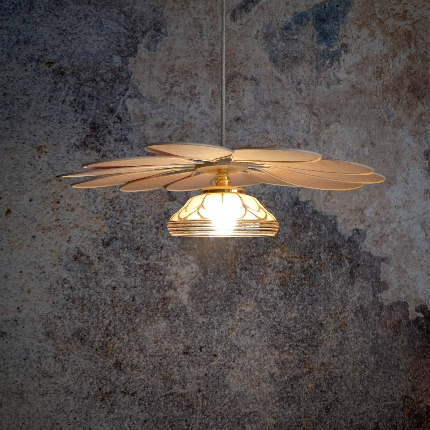 Pink Rattan and Linen Flower Pendant Light and Vintage Pink Translucent Globe