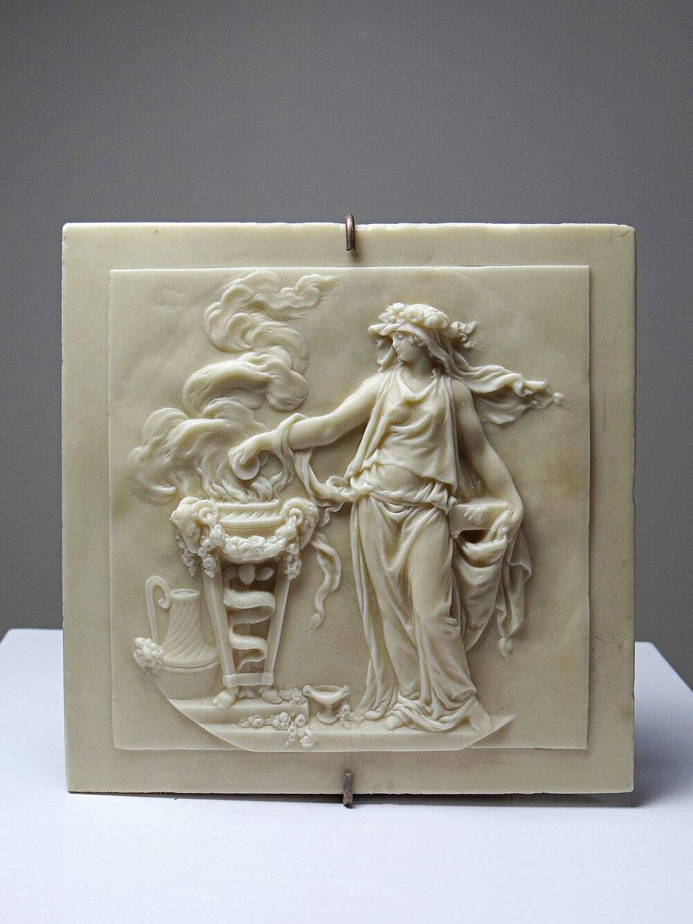 Small limestone bas-relief of petrifying fountains, antique scene, vintage