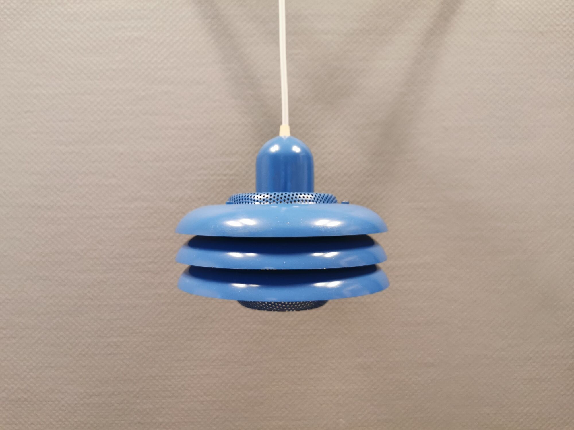Blue lacquered metal lamp, with several layers of shades, Danish from the 80s.