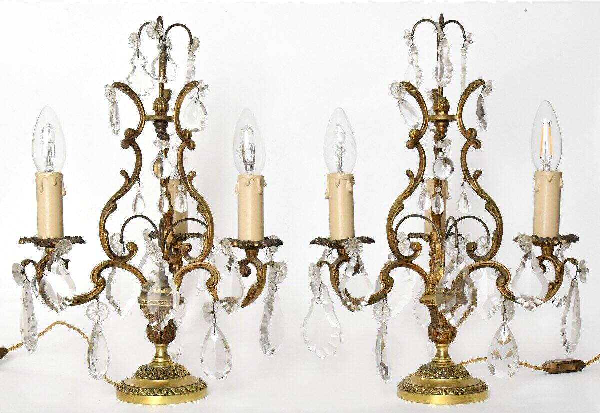 Pair of gilded bronze candelabra with three arms of light