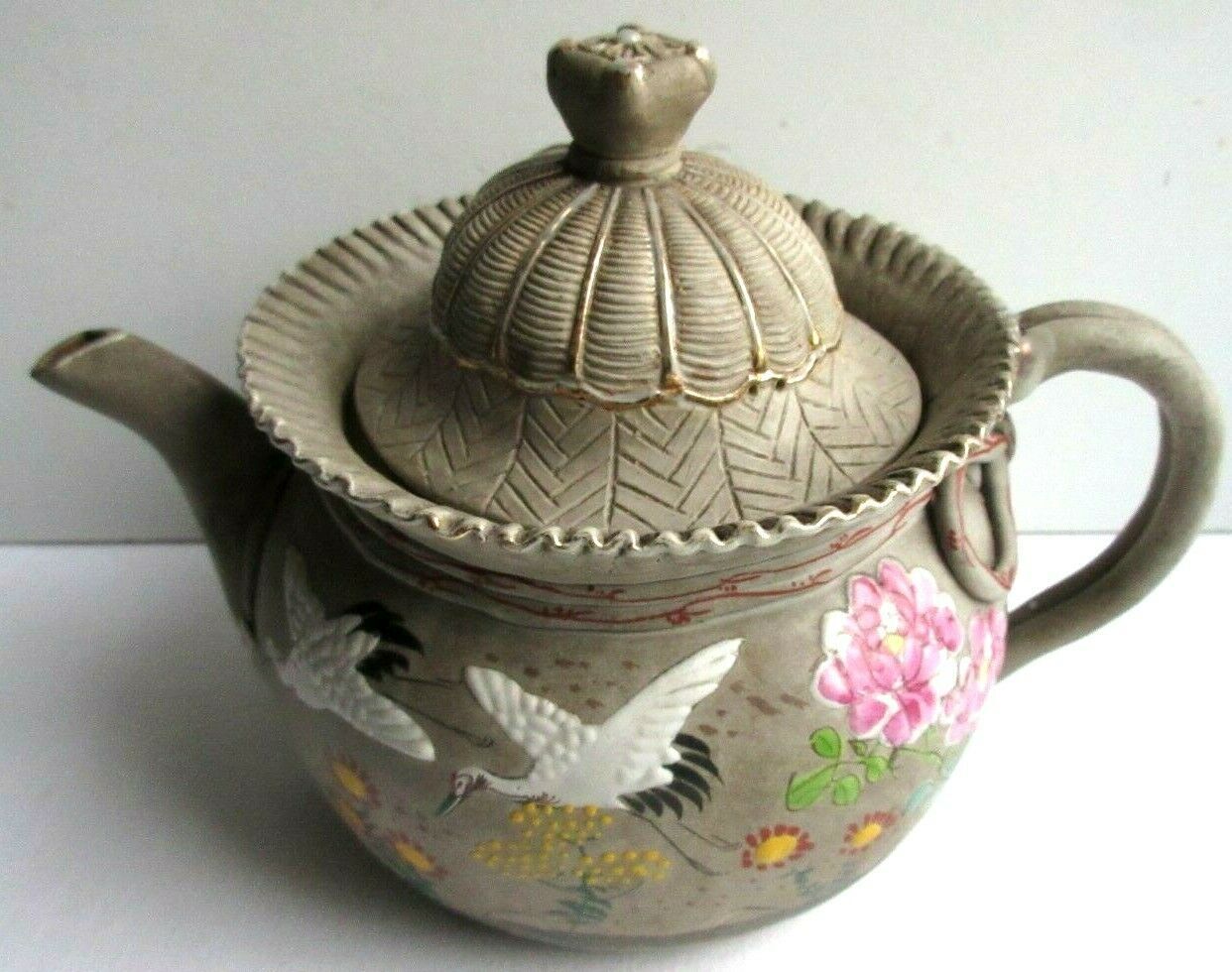 Japanese Art Deco teapot in porcelain biscuit enamelled with cranes and flowers