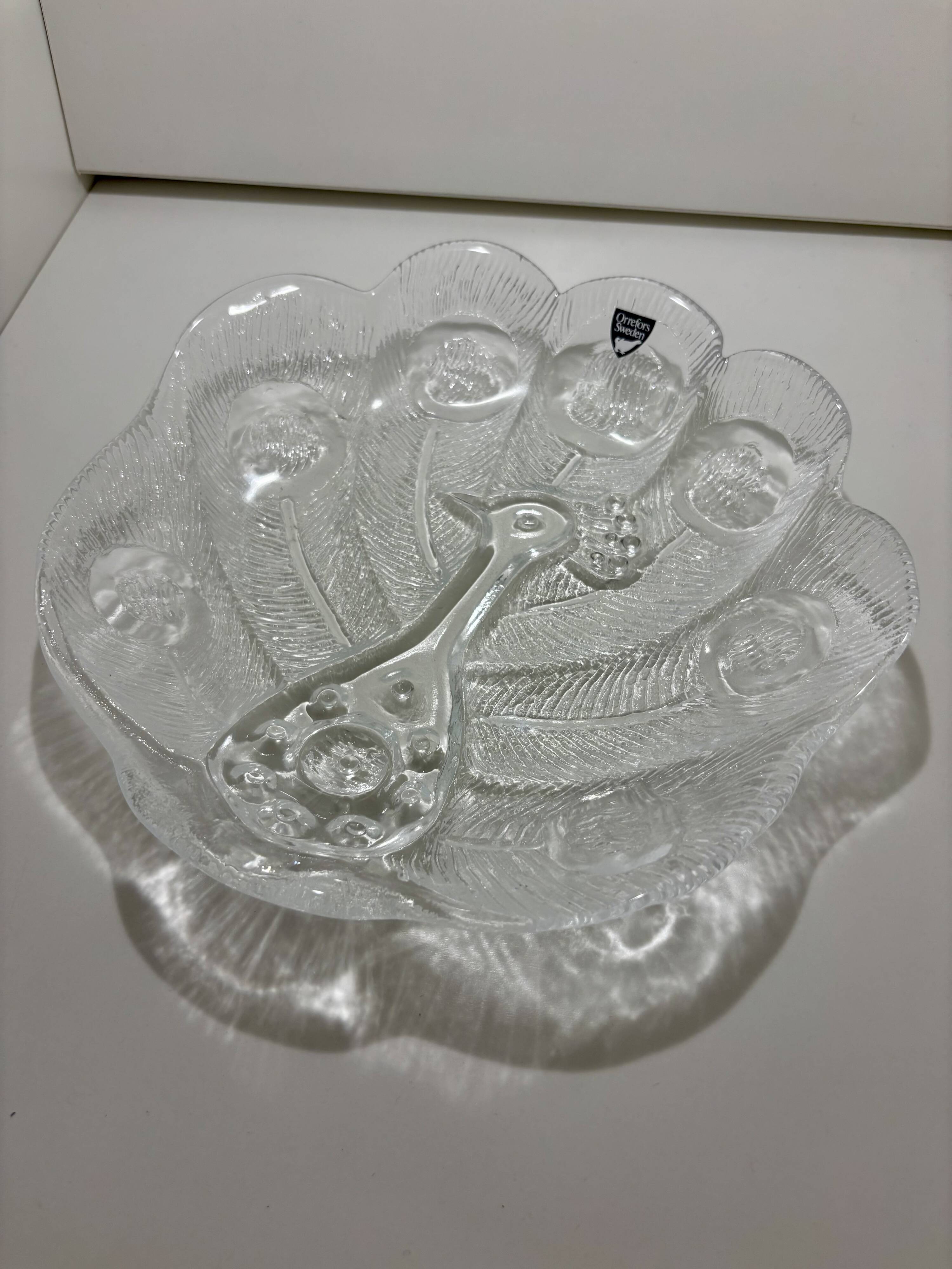 Assiette, Peakcock, verre de cristal, Lars Hellsten, Orrefors, Suède, 1970