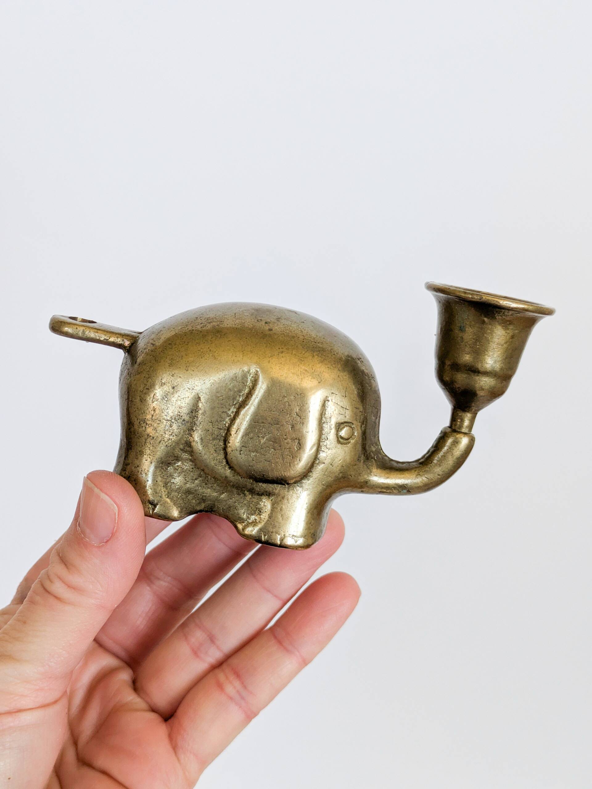 Vintage brass elephant figurine candle holder Haku mid-century