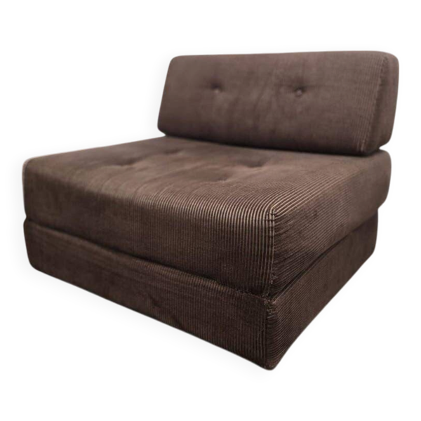 Fauteuil vintage marron côtelé / une place avec accent chromé