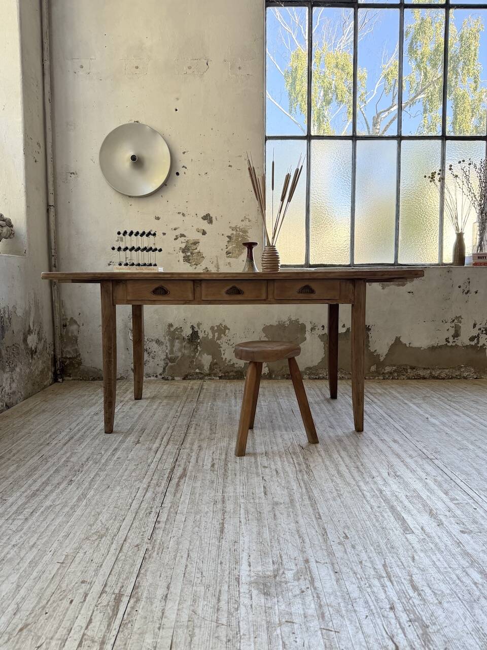 1950s pine and oak farmhouse table with multiple drawers