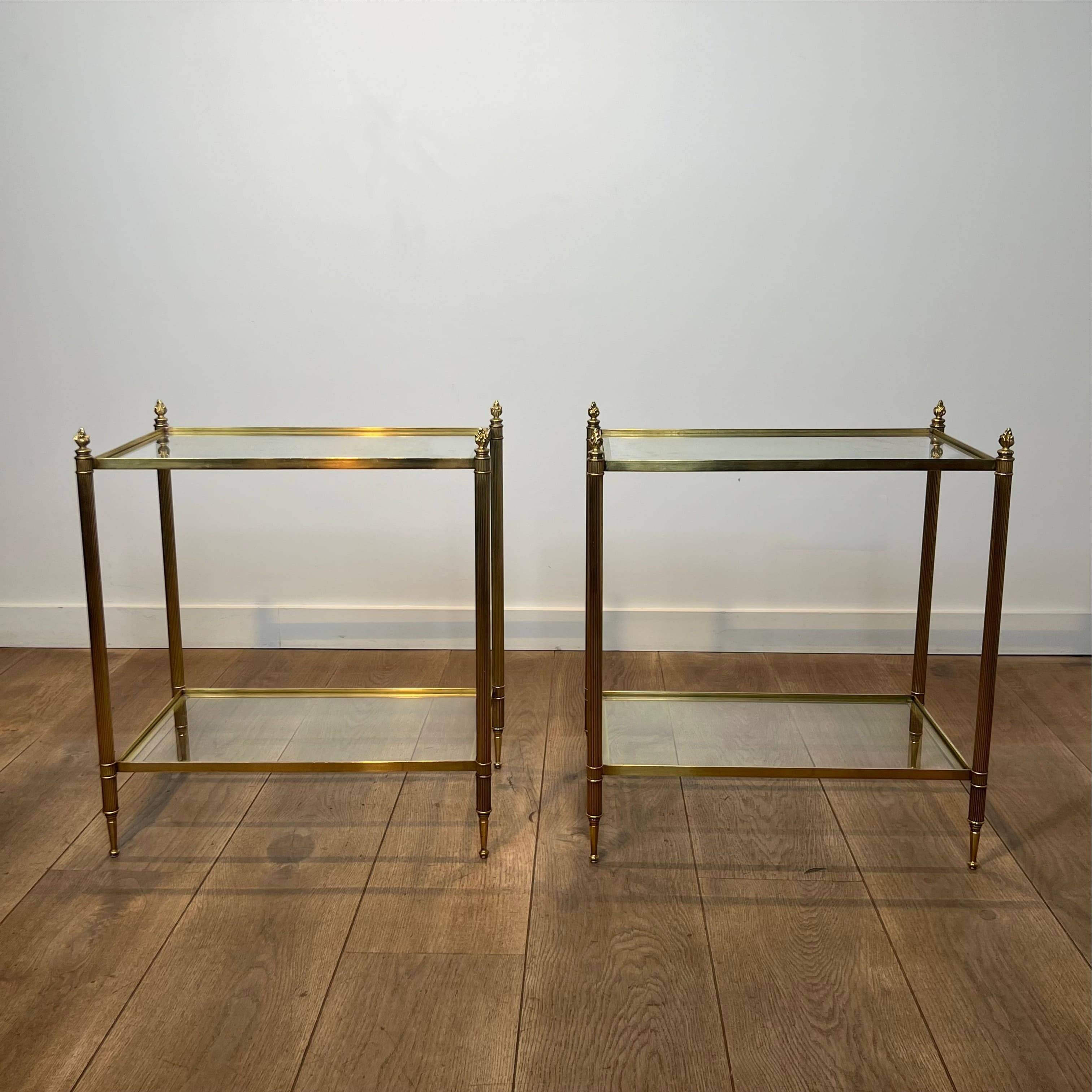 Pair of Side Tables with Two Brass and Glass Tops. Made in France.