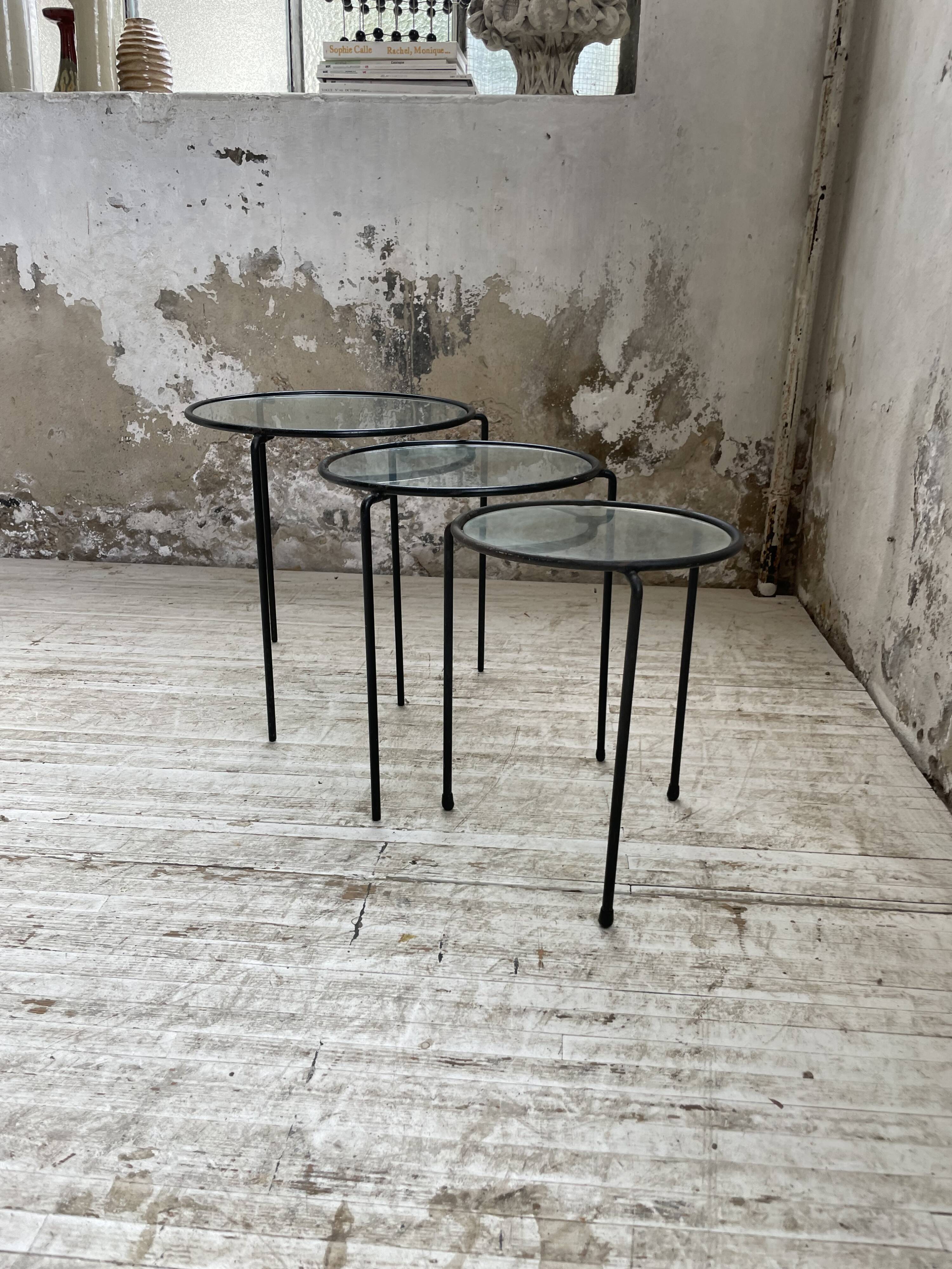 50s metal and glass nesting coffee tables
