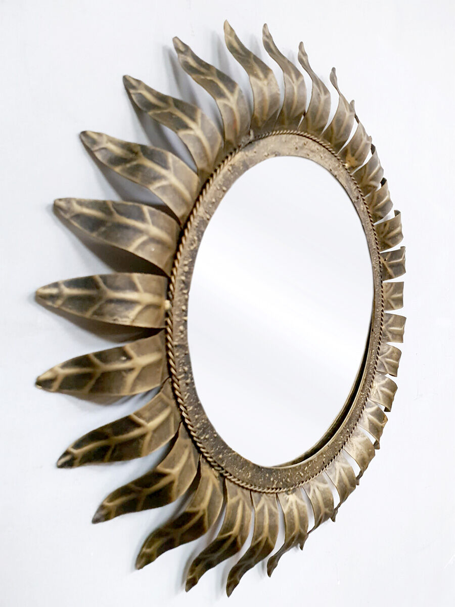 Midcentury French gold gilded leaf sunburst mirror