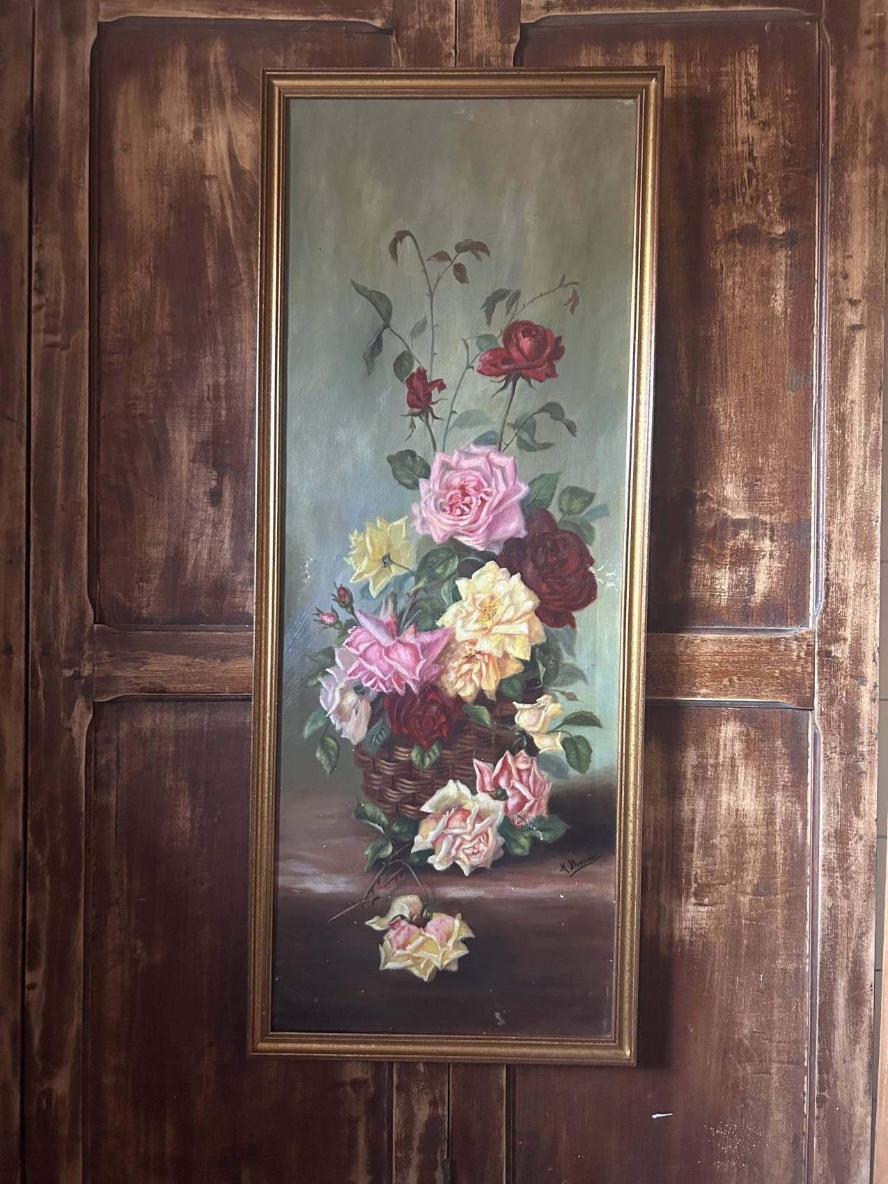 Large antique painting with roses – Oil on canvas from the 1900s – 40 x 102 cm – a large decorative format