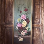 Large antique painting with roses – Oil on canvas from the 1900s – 40 x 102 cm – a large decorative format