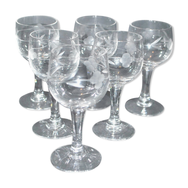 Lot de 6 verres à liqueur vintage ballons alsaciens en verre gravé