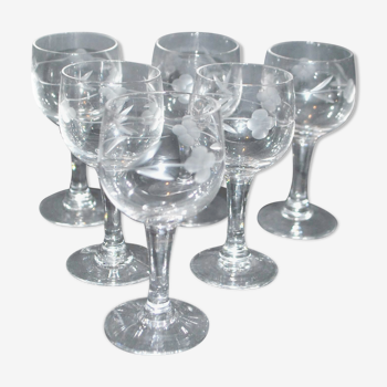 Set of 6 vintage schnapps liqueur glasses with Alsatian balloons in engraved glass