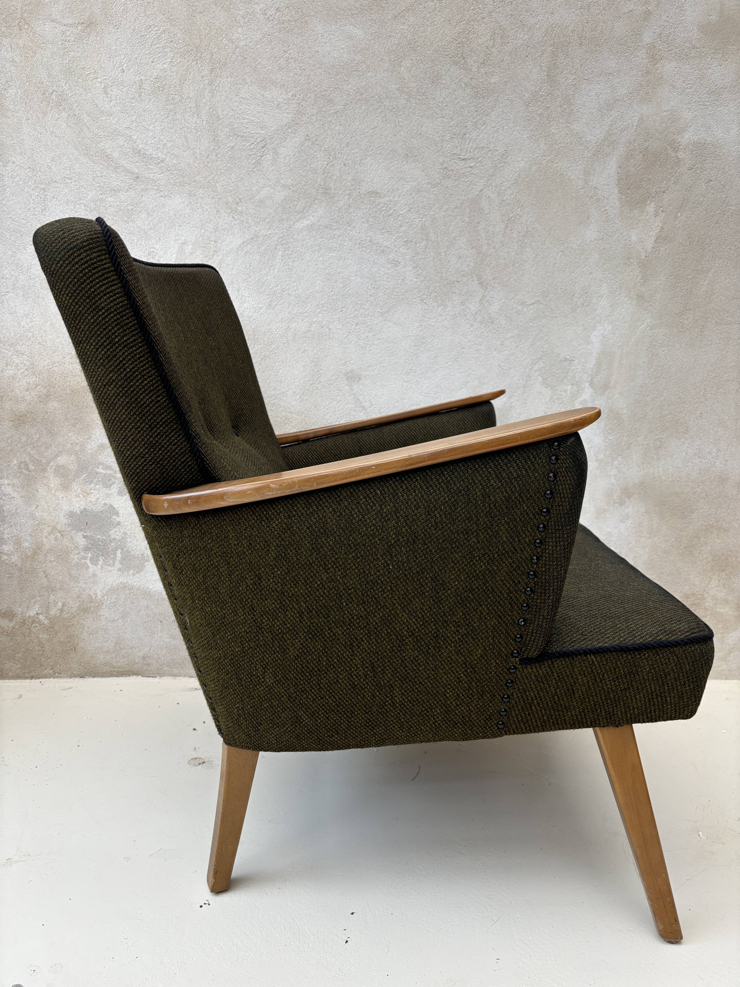 Pair of vintage wooden and fabric armchairs from the 1960s.